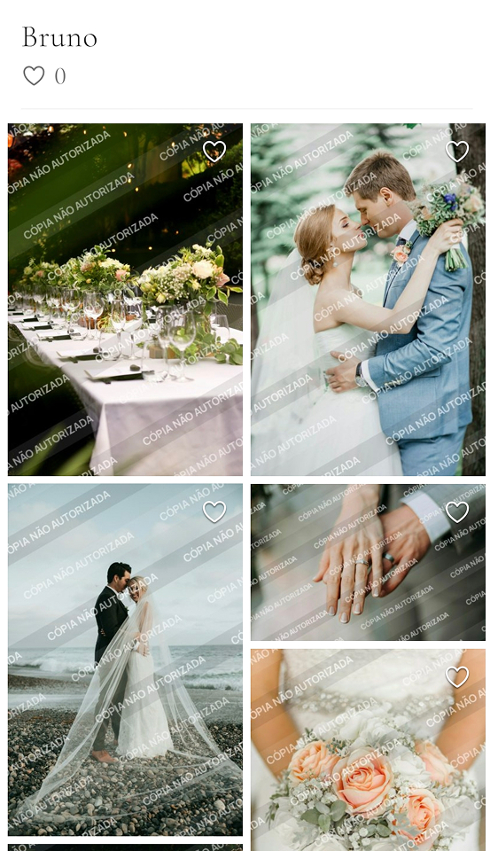 Galeria de seleção de fotos no app do Sineto Studio com marca d'água 'cópia não autorizada' sobre as fotos de um casamento e botões de favoritar