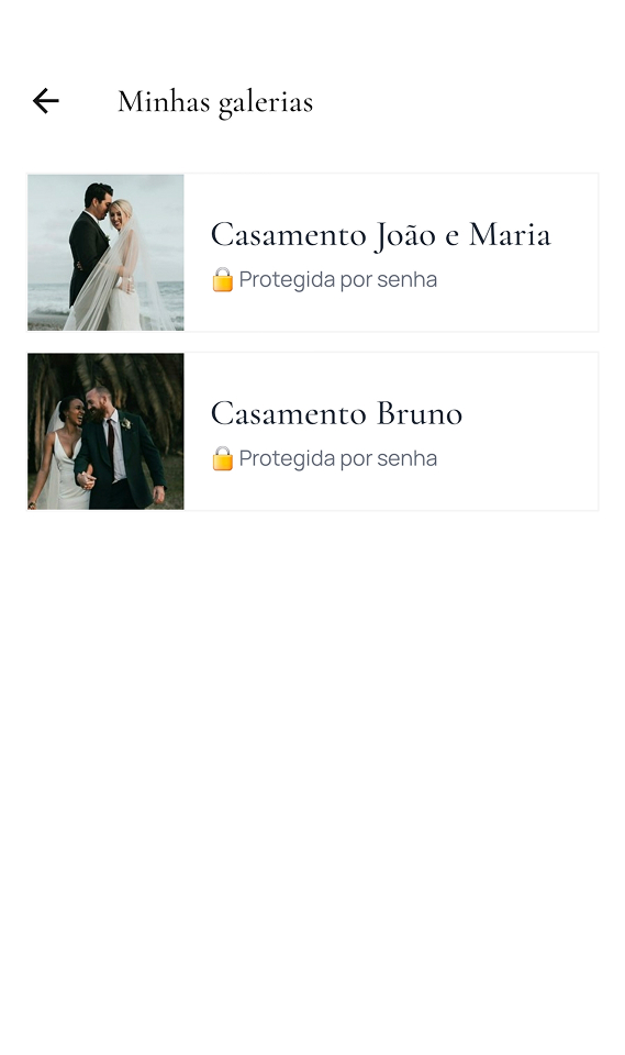 Tela 'Minhas galerias' do app do Sineto Studio no celular, listando galerias de casamento protegidas por senha