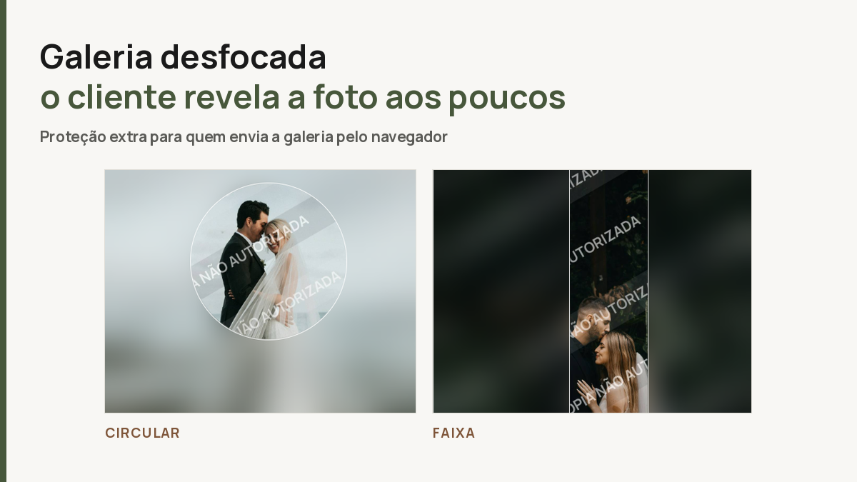 A mesma foto de casamento desfocada em dois formatos de janela reveladora: à esquerda a janela circular revelando o casal no centro, à direita a janela em faixa vertical revelando uma coluna da imagem