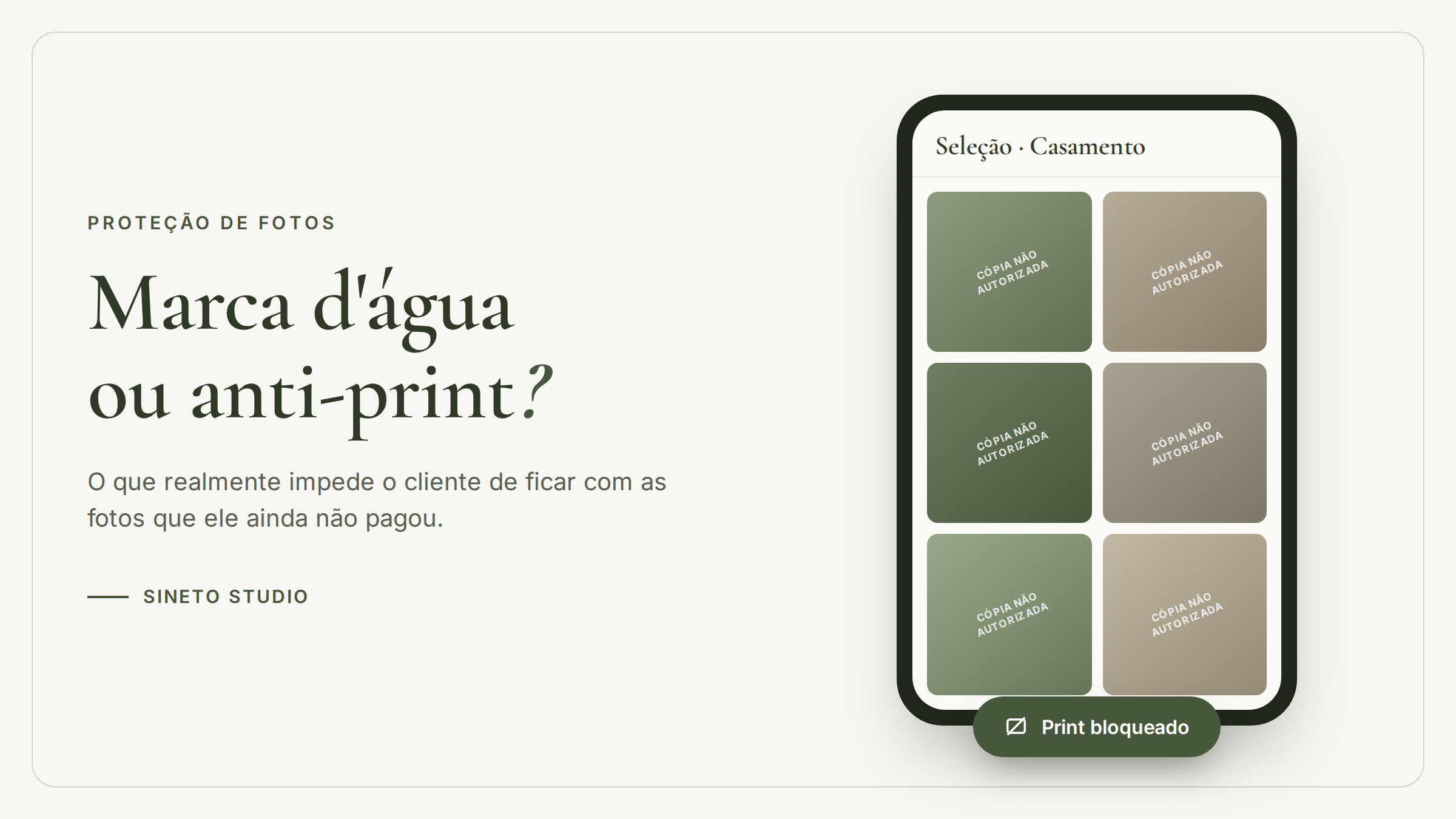 Galeria de seleção de casamento no celular com marca d'água 'cópia não autorizada' e selo de print bloqueado — proteção anti-print do Sineto Studio