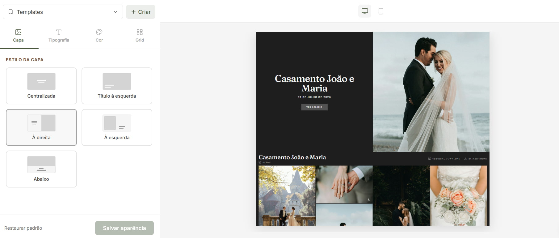 Personalize a aparência da sua galeria: tema, tipografia e layout com a cara do seu estúdio
